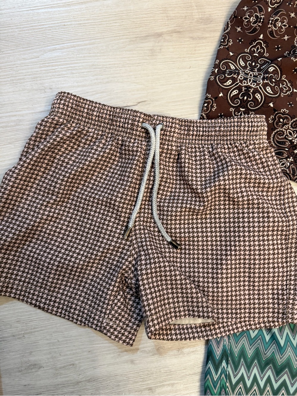 Kids Brown Houndstooth Swim Trunks with Drawstring